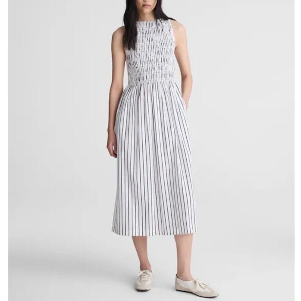 Madewell Boatneck Smocked Striped Midi Dress White Brown Size Medium NWT